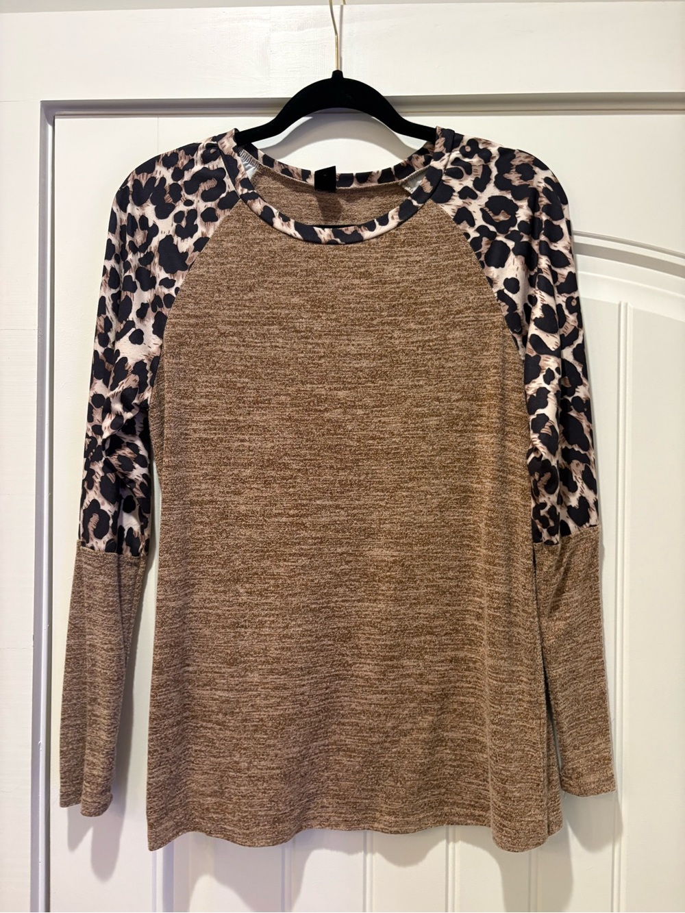 SHEIN Taupe Raglan Long Sleeve Top with Leopard Print Sleeves